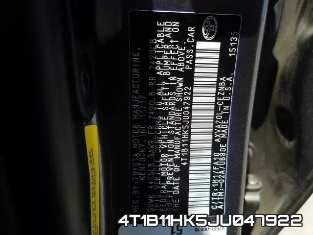 4T1B11HK5JU047922 фото 2