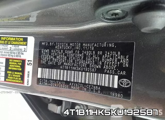 4T1B11HK5KU192587 фото 10