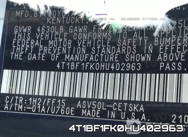 4T1BF1FK0HU402963 фото 10
