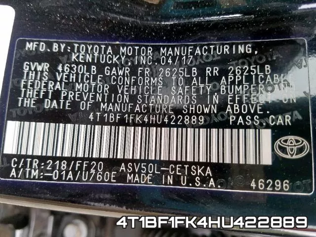 4T1BF1FK4HU422889 фото 2
