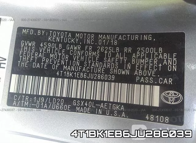 4T1BK1EB6JU286039 фото 10