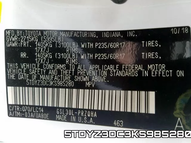 5TDYZ3DC3KS985280 фото 2