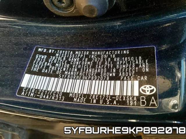 5YFBURHE9KP892078 фото 2