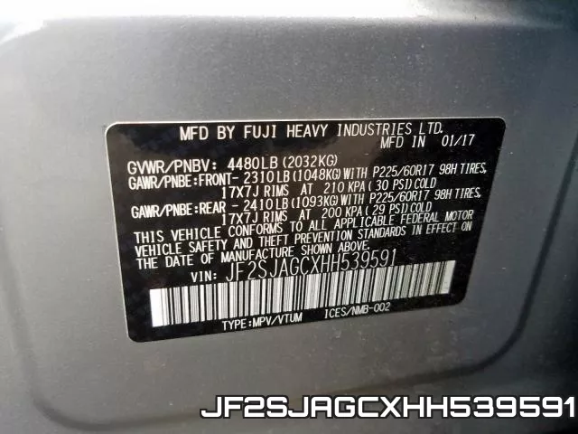 JF2SJAGCXHH539591 фото 2