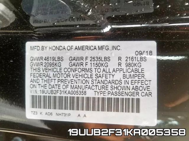 19UUB2F31KA005358 фото 2