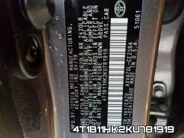 4T1B11HK2KU781919 фото 2