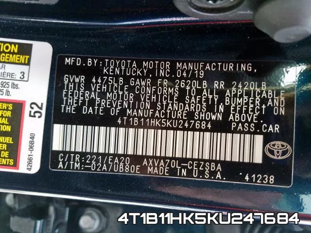 4T1B11HK5KU247684 фото 2