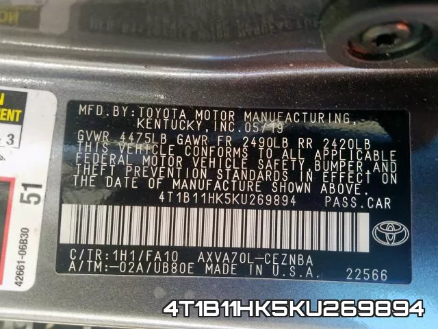 4T1B11HK5KU269894 фото 2