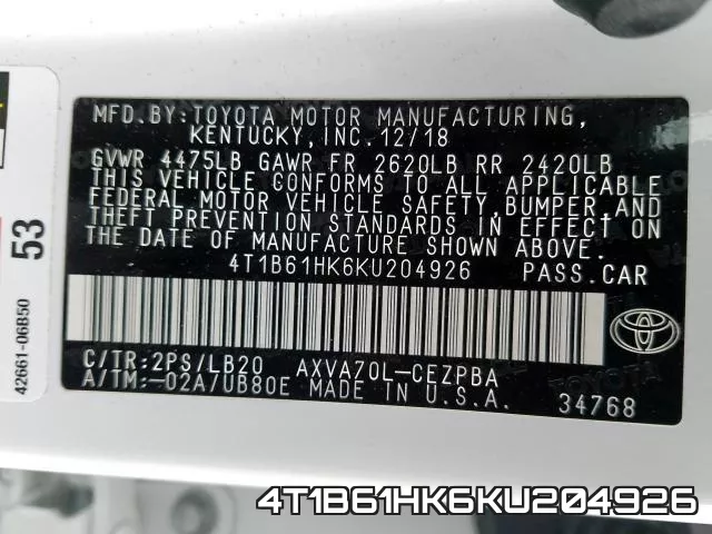 4T1B61HK6KU204926 фото 2