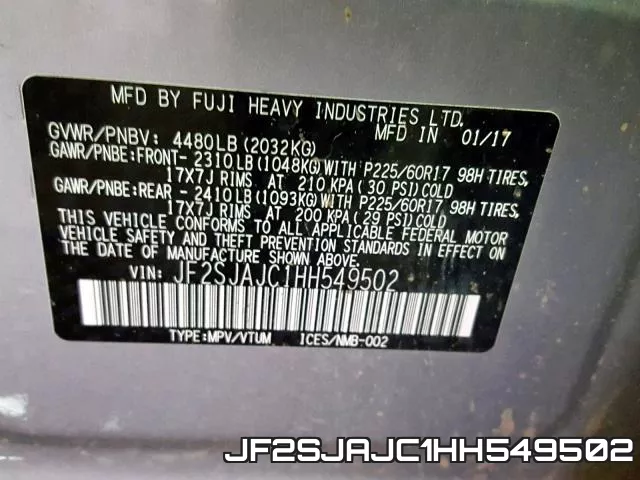 JF2SJAJC1HH549502 фото 2