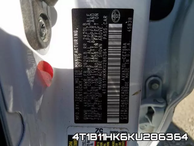 4T1B11HK6KU286364 фото 2