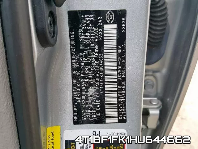 4T1BF1FK1HU644662 фото 2