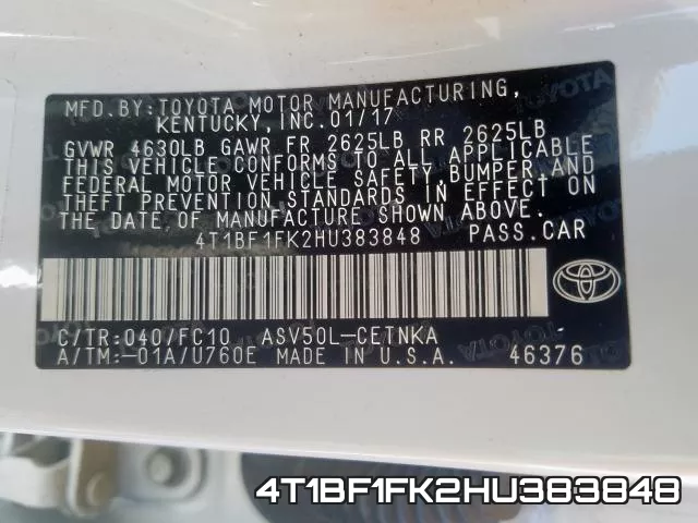 4T1BF1FK2HU383848 фото 2