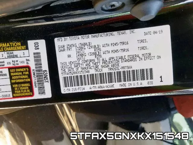 5TFAX5GNXKX151548 фото 2