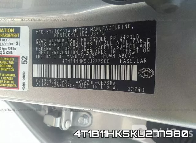 4T1B11HK5KU277980 фото 10