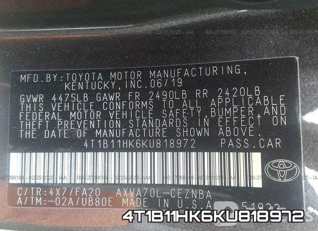4T1B11HK6KU818972 фото 10