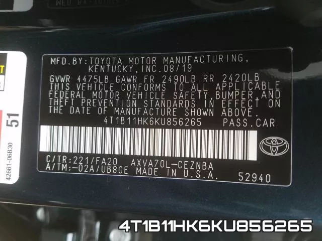4T1B11HK6KU856265 фото 2