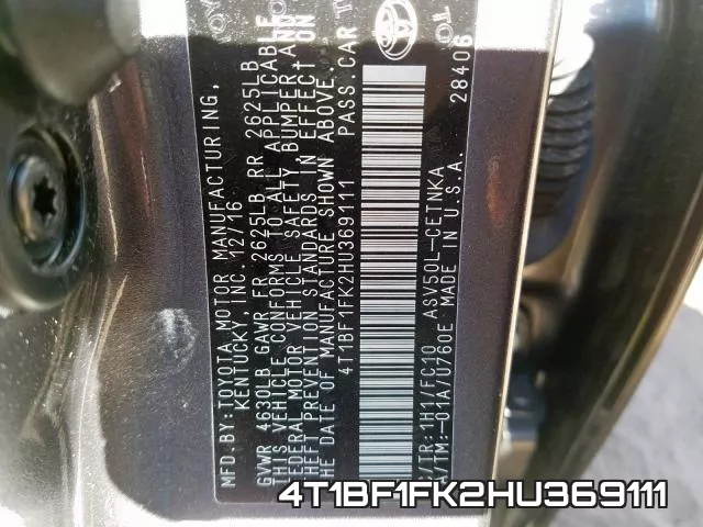 4T1BF1FK2HU369111 фото 2