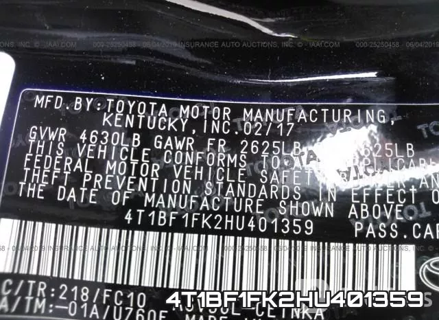4T1BF1FK2HU401359 фото 10