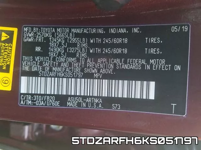 5TDZARFH6KS051797 фото 2