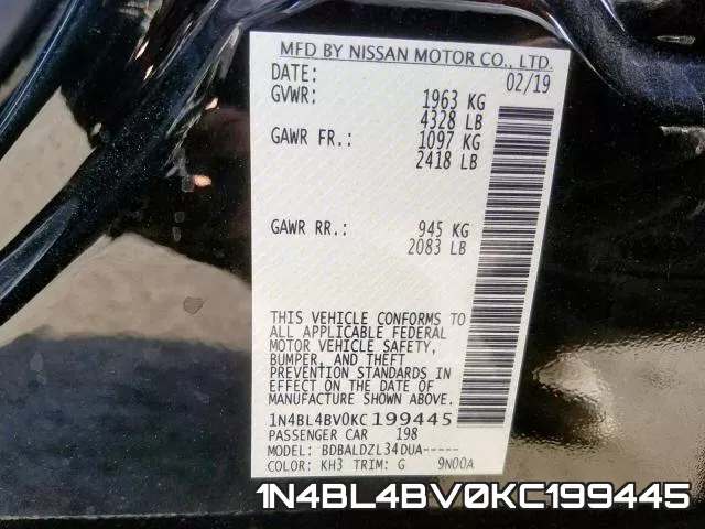 1N4BL4BV0KC199445 фото 2