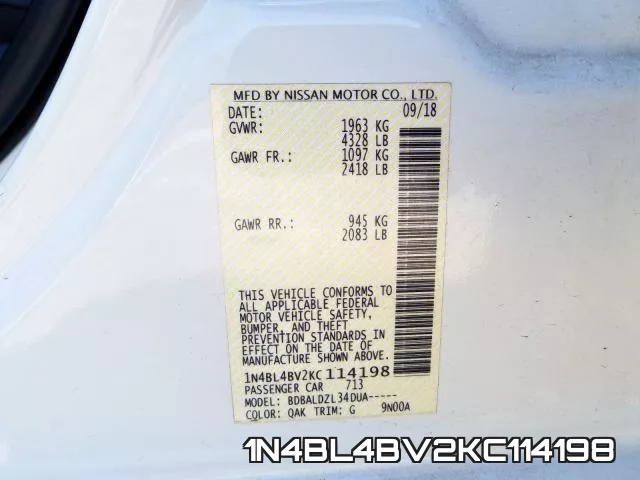 1N4BL4BV2KC114198 фото 2