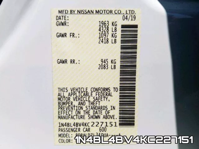 1N4BL4BV4KC227151 фото 2