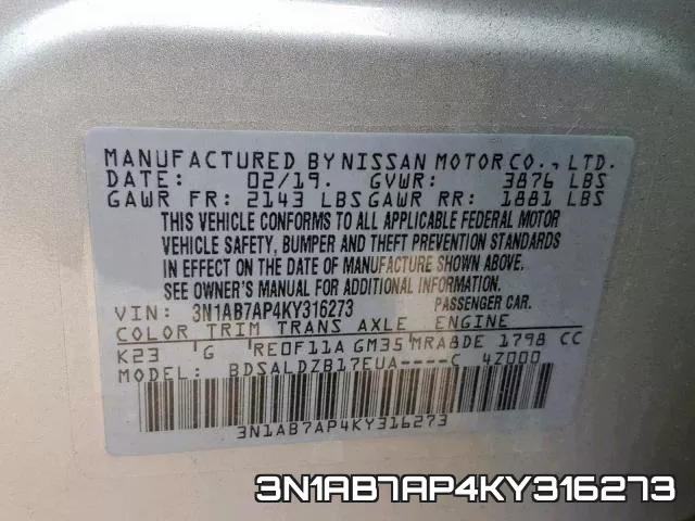 3N1AB7AP4KY316273 фото 2