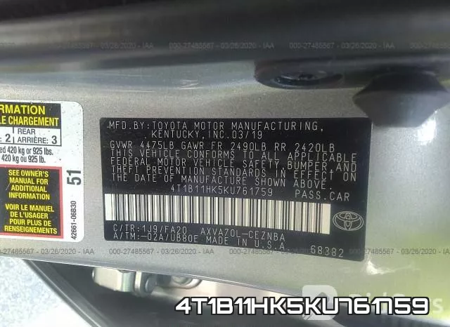 4T1B11HK5KU761759 фото 10