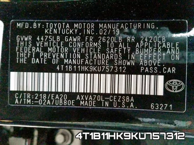 4T1B11HK9KU757312 фото 2