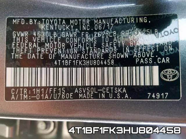 4T1BF1FK3HU804458 фото 2