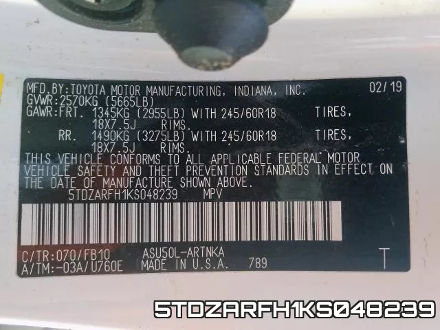 5TDZARFH1KS048239 фото 2