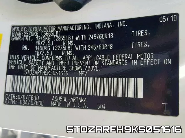 5TDZARFH9KS051616 фото 2