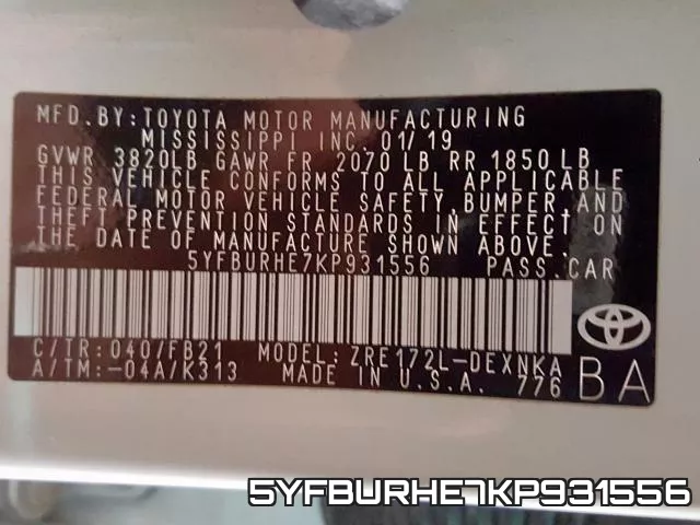 5YFBURHE7KP931556 фото 2