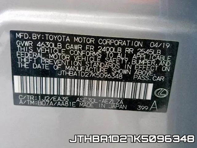 JTHBA1D27K5096348 фото 2