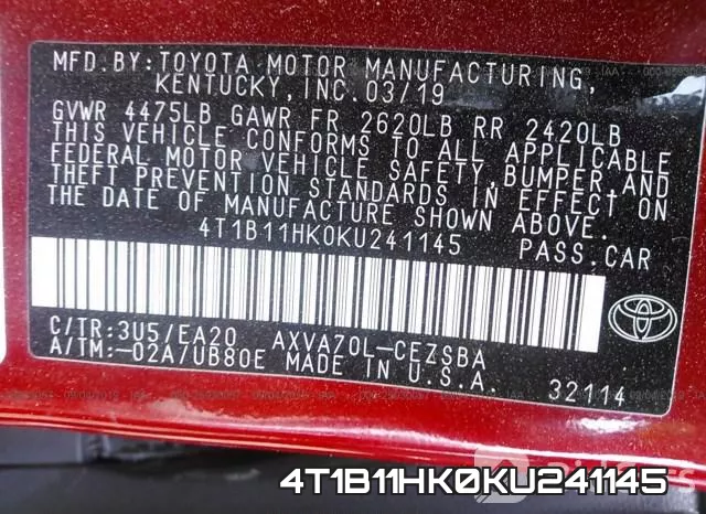 4T1B11HK0KU241145 фото 10