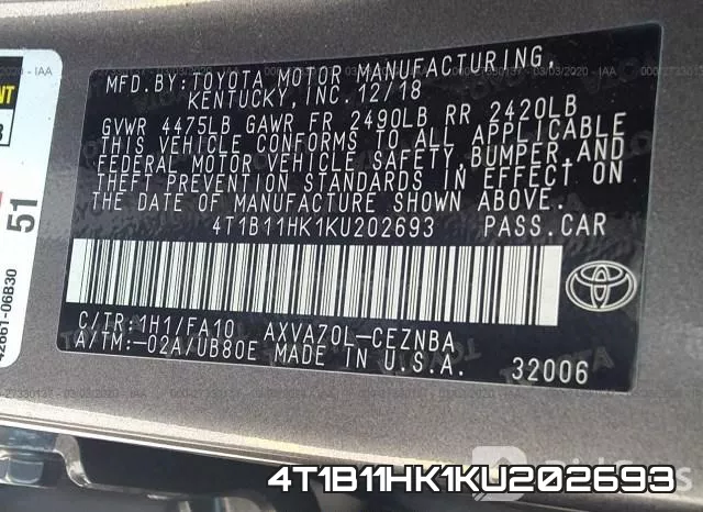 4T1B11HK1KU202693 фото 10