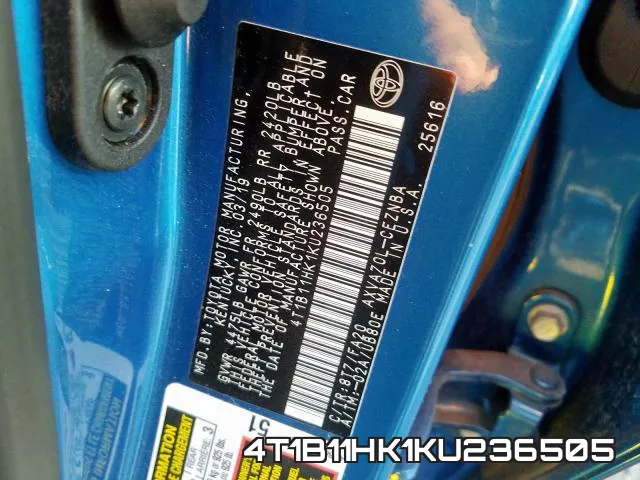 4T1B11HK1KU236505 фото 2