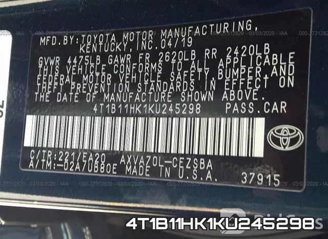 4T1B11HK1KU245298 фото 10