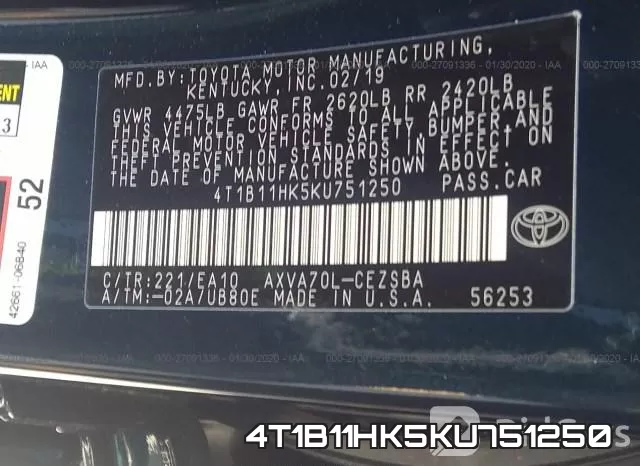 4T1B11HK5KU751250 фото 10