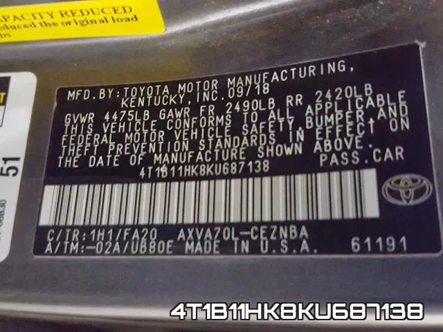 4T1B11HK8KU687138 фото 2