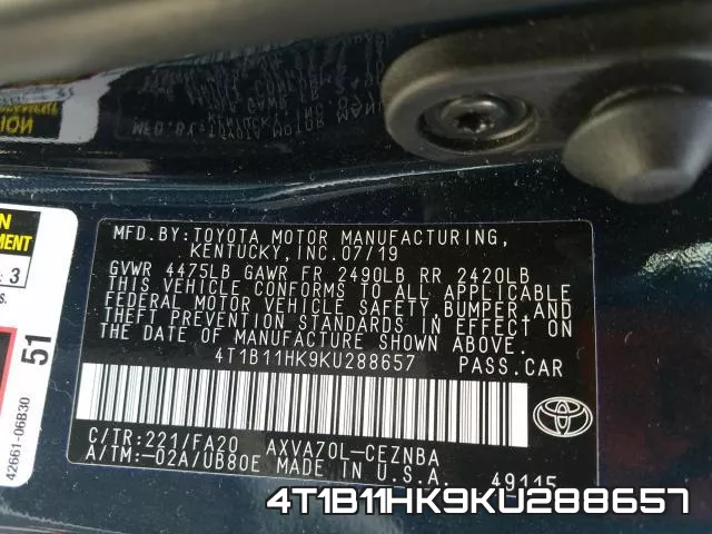 4T1B11HK9KU288657 фото 2
