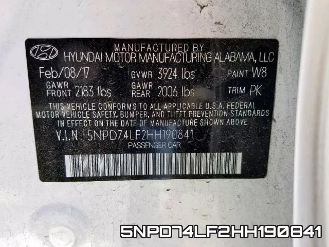 5NPD74LF2HH190841 фото 2
