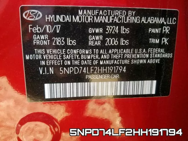 5NPD74LF2HH191794 фото 2