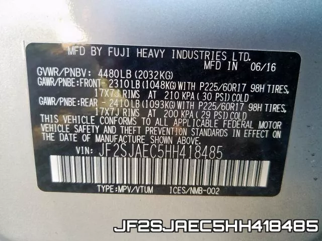 JF2SJAEC5HH418485 фото 2