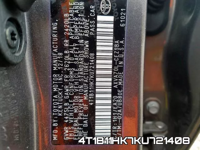 4T1B11HK7KU721408 фото 2
