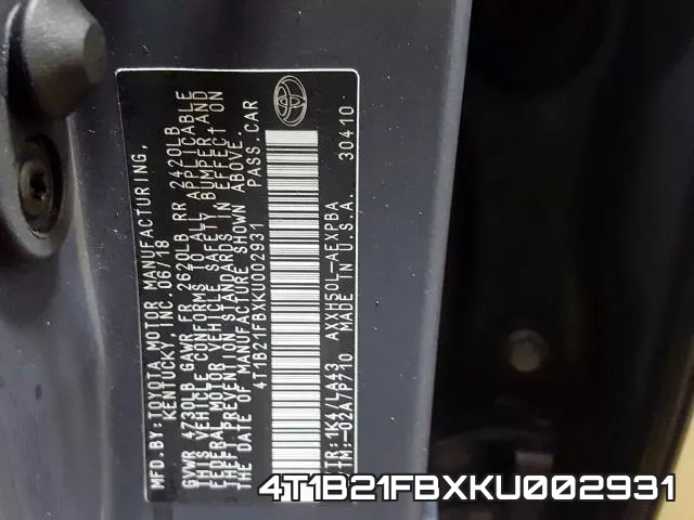 4T1B21FBXKU002931 фото 2