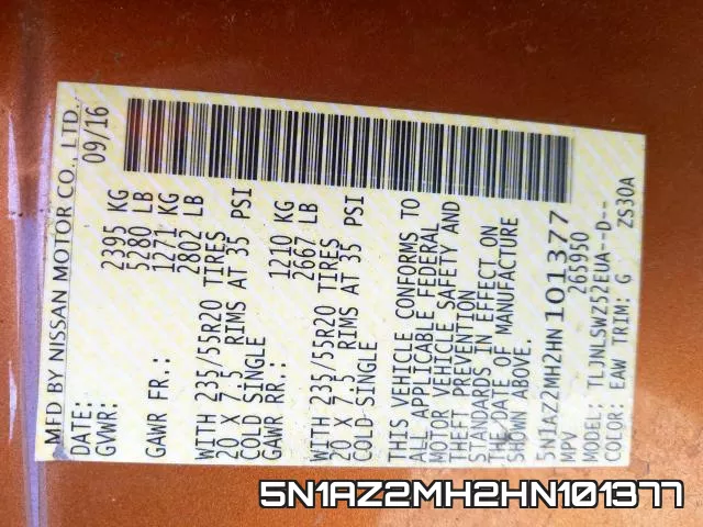5N1AZ2MH2HN101377 фото 2