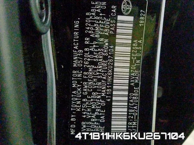 4T1B11HK6KU267104 фото 2