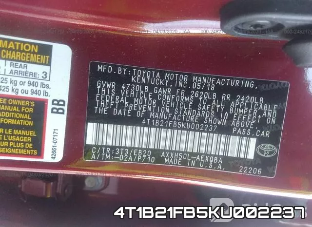 4T1B21FB5KU002237 фото 10
